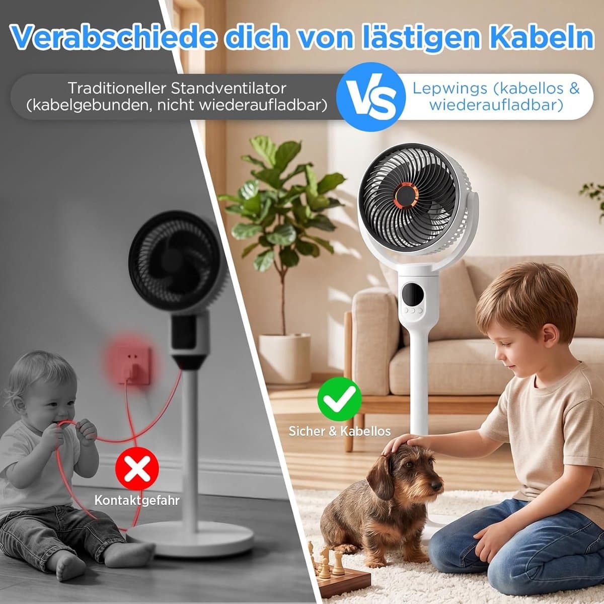 OLOEY Lepwings Fluisterstille 2-in-1 Tafel- Staande Ventilator met Afstandsbediening - 10400 mAh Accu - USB-C Oplaadbaar - 90° Oscillatie & 120° Kantelbaar - Ideaal voor Slaapkamer- Kantoor & Camping thumbnail 3