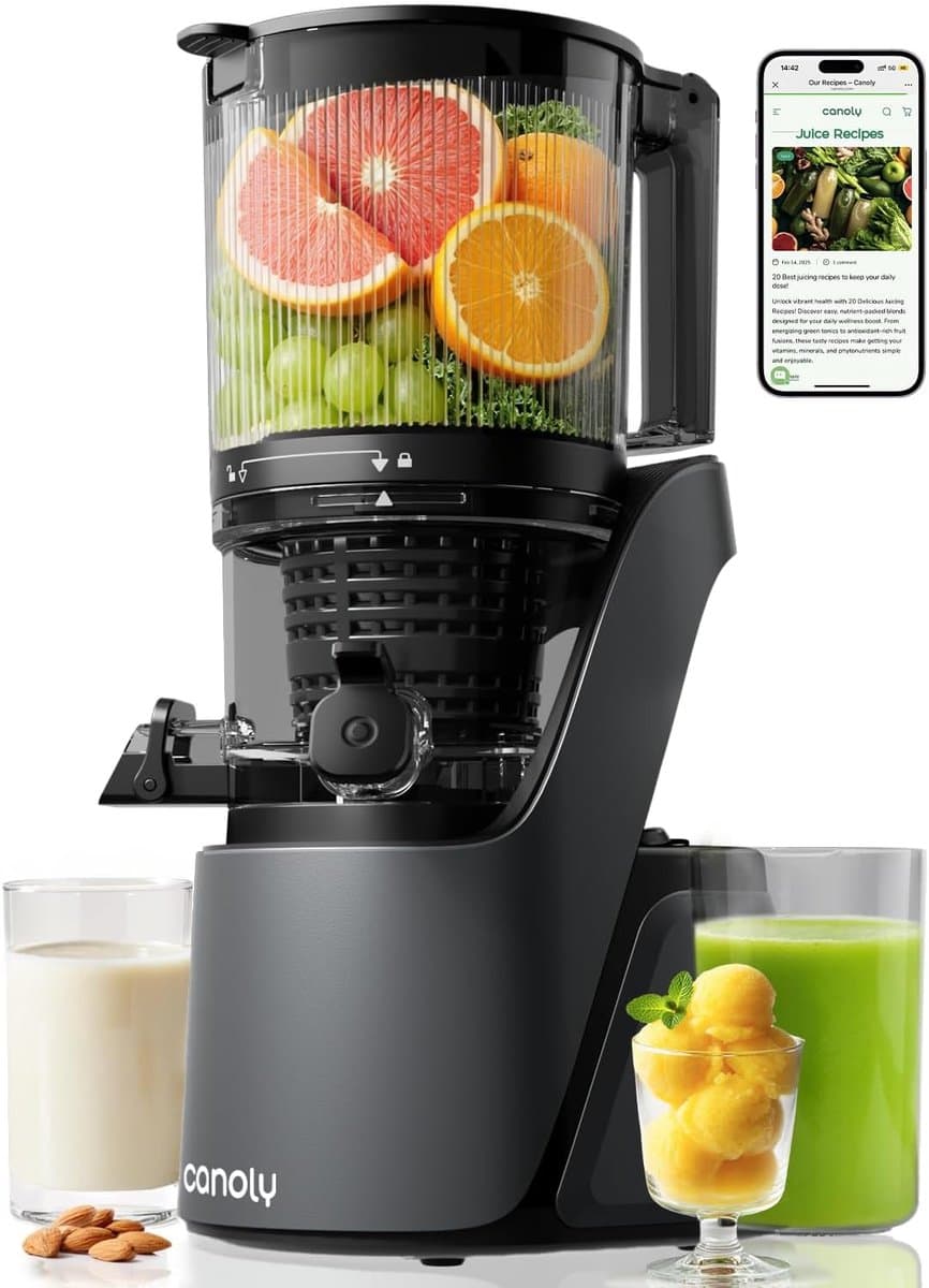 OLOEY De Canoly slowjuicer heeft een inhoud van 2,6 liter-een grote vulopening van 150 mm en een 3-in-1 filter-waardoor hij geschikt is voor zowel sap als notenmelk-Hij beschikt ook over een automatische hakfunctie en een koudpersfunctie