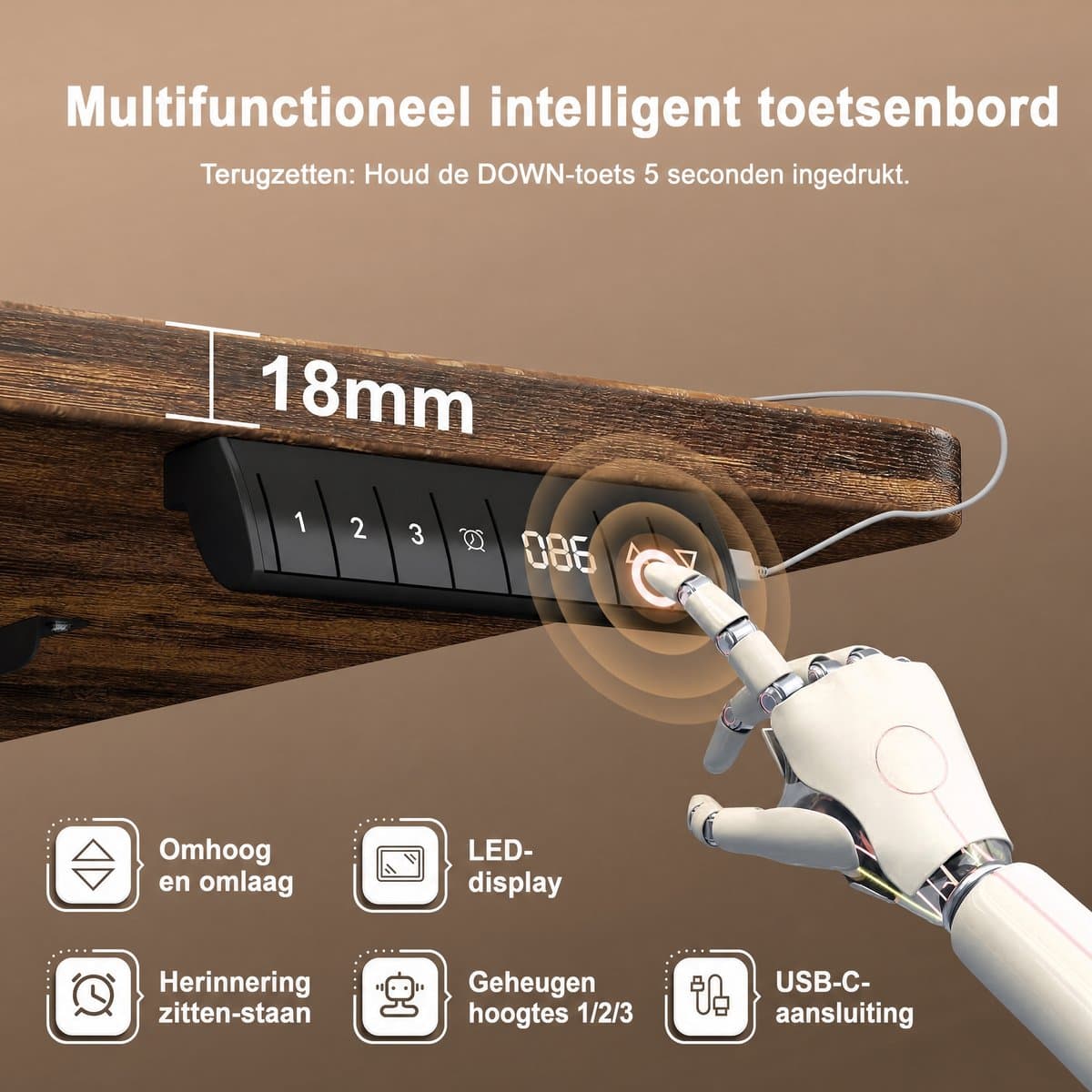 Elektrisch Zit-Sta Bureau 160x80 cm – 18 mm Dik Tafelblad – 3 Geheugenstanden – USB en Zit-alarm – Kabelmanagement – Zwart frame met donker houtlook blad thumbnail 4