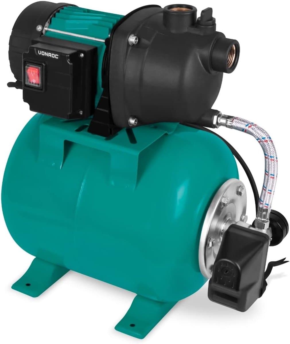 Waterdrukpomp met schakelaar - Hydrofoorpomp met tank - Tuin beregenen - Automatische aan/uit - 19L tank - Turquoise