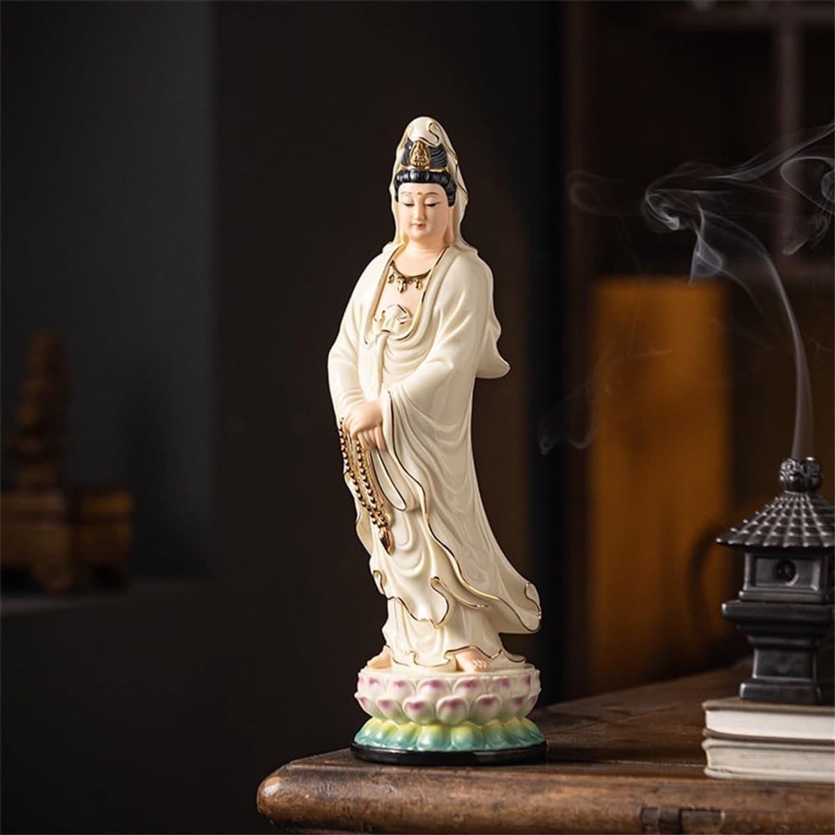 Boeddha Beeld - Zen Decoratie - Interieur Verfraaien - Met Lichtring - 30.5 cm Hoog - Geel Keramiek thumbnail 5