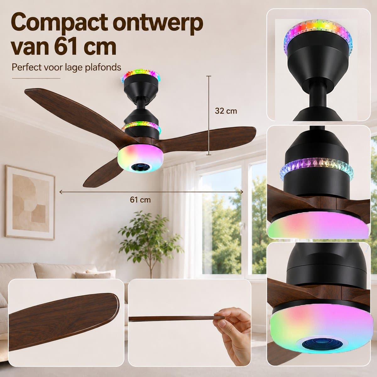 MUPOO Modern Houtlook Plafondventilator met Lamp Ø61cm- Bluetooth Speaker & plafonventilator afstandsbediening-RGB ventilator lamp plafond met 3 Snelheden & Slaapmodus - plafondventilator slaapkamer Woonkamer gamekamer thumbnail 3