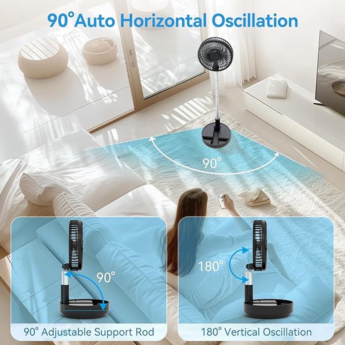 Tafel- en Staande Ventilator - Draagbare Oscillerende Ventilator - Opvouwbaar Design - Afstandsbediening - 4 Snelheden - Oplaadbare Accu - USB Ventilator - Zwart thumbnail 7