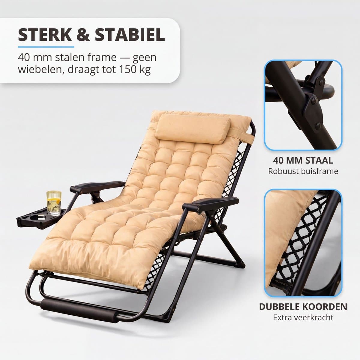 FlinQ 2x XL Relax Tuinstoelen Cloud Comfort Deluxe - Verstelbare Zero Gravity Relaxstoel - Extra breed - Extra dikke kussens - Hoofdkussen & Bekerhouder/Tafeltje - Ligstoel - Tuinmeubelen - Ideale Campingstoel - Ook voor Tuin of Balkon thumbnail 7