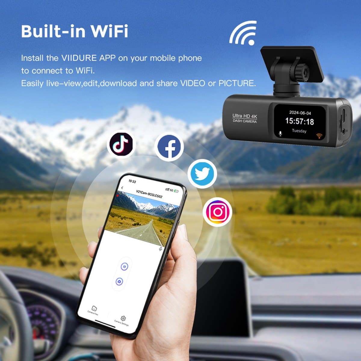 Namajunas – Dashcam voor auto voor en achter – 4K+1080P, WiFi, HDR nachtzicht -24-uurs bewaking– Dashcam voor auto full hd gps– G sensor, 170° groothoek, loop-opname, parkeerstand thumbnail 5