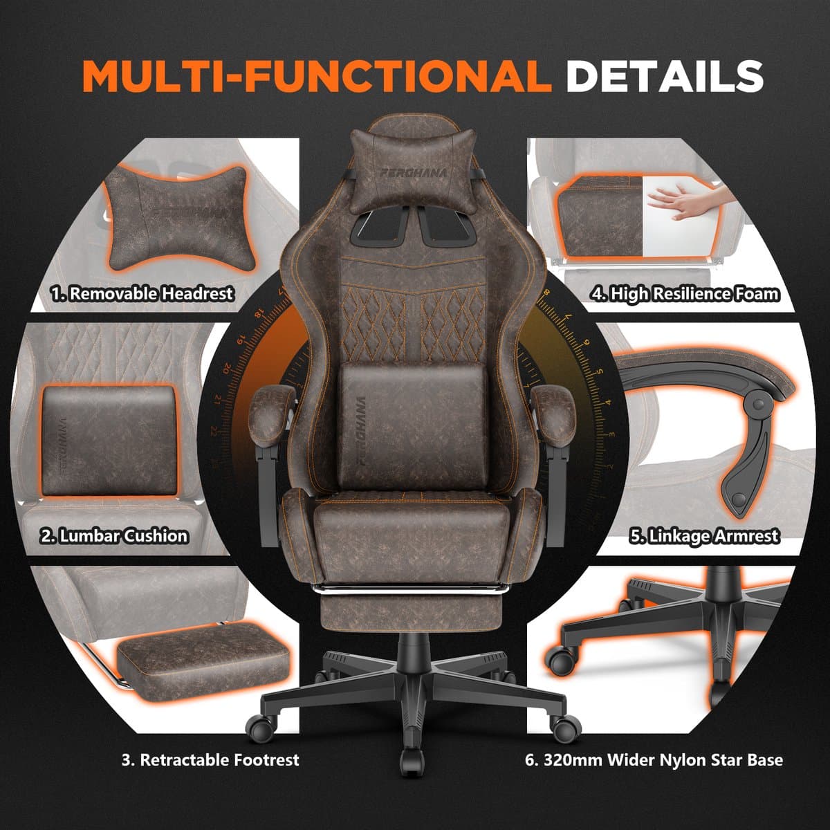 Soontrans-Gaming Stoel-Inklapbare Voetensteun-Gamestoel Verstelbaar Rugleuning-Ergonomische Gaming Chair-Bureaustoel-Max Draagvermogen 120 kg-PU Kunstleer Computerstoel Gaming Voor Volwassenen en Jongeren-Bruin thumbnail 8