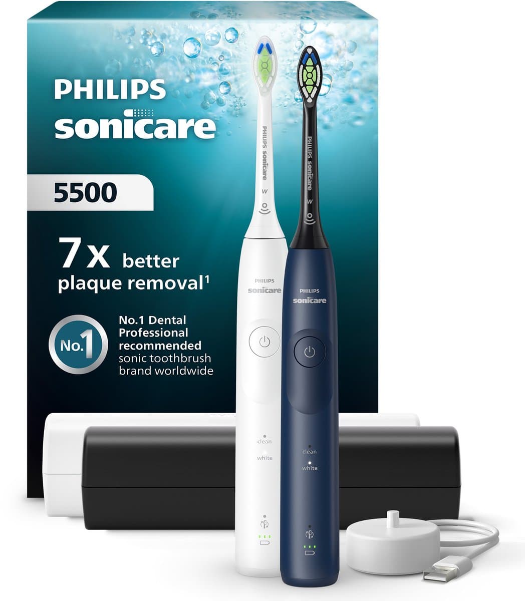 Philips Sonicare 5500 Series - Elektrische Tandenborstels - Wit & Blauw Duopack – 2 Reisetuis - Wittere tanden - HX7119/01 - afbeelding 1