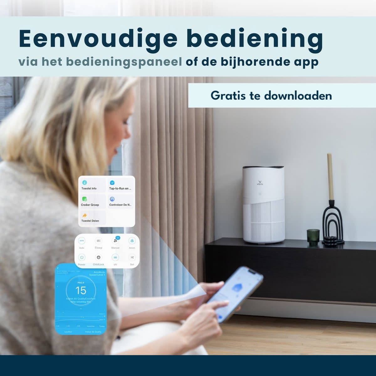 Vibrix PureFlow70 Luchtreiniger / Air Purifier – HEPA H13 + koolstoffilter – 468 m³/u – Voor kamers tot ca. 70 m² – Ionisator – App-bediening – Zeer stil met slaapstand – Luchtkwaliteitindicator thumbnail 7