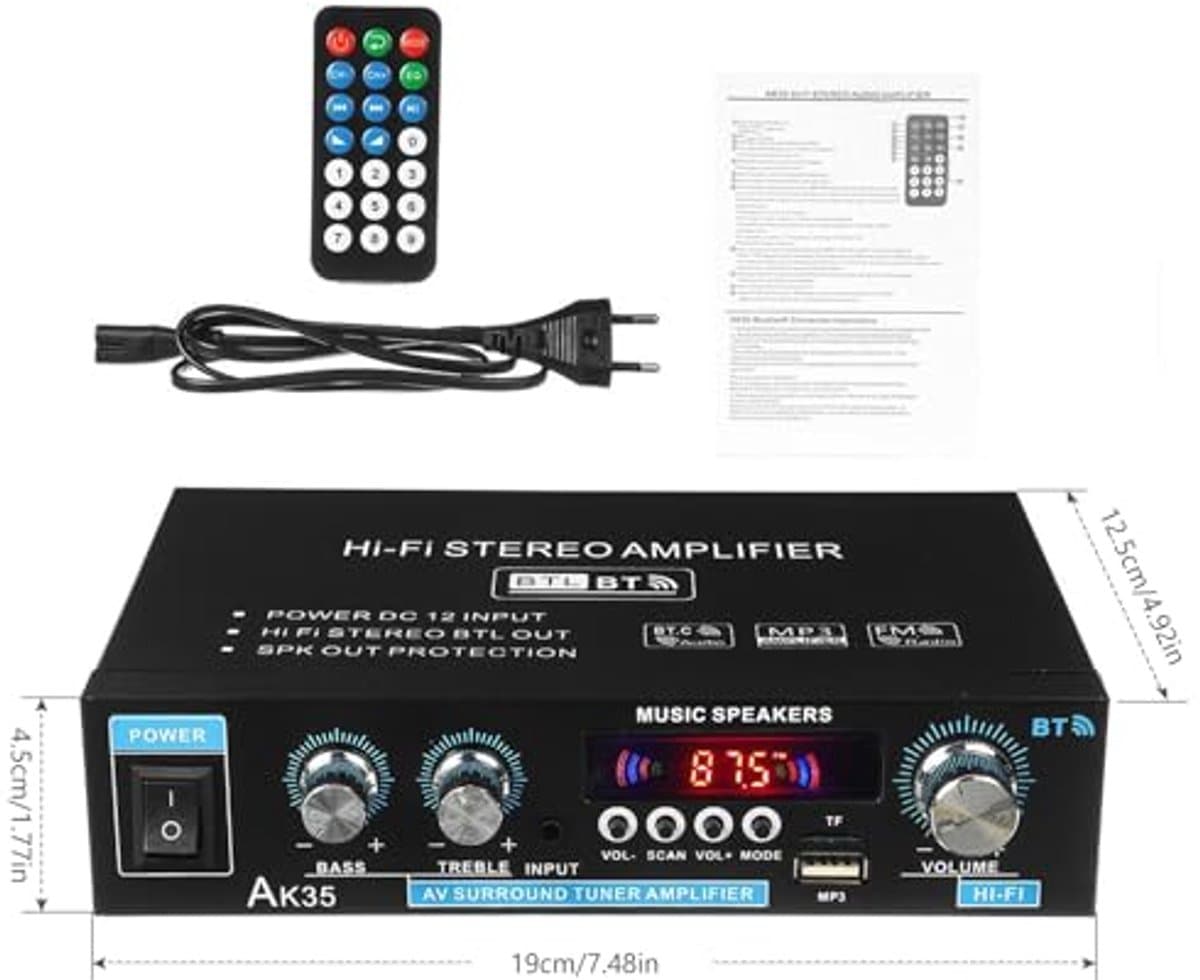 AK45 HiFi Amplifier, Bluetooth 5.0, Mini Bluetooth Stereo, Hi-Fi Stereo, Audio Amplifier with USB/MIC/FM/TF Audio Amplifier with Bass Treble Tuner, Digital Remote Control, for Home or Car thumbnail 5