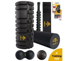 Productfoto van Rising Up Foamroller Pro Set met grid- en gladde roller, peanut, massagebal en kuitroller