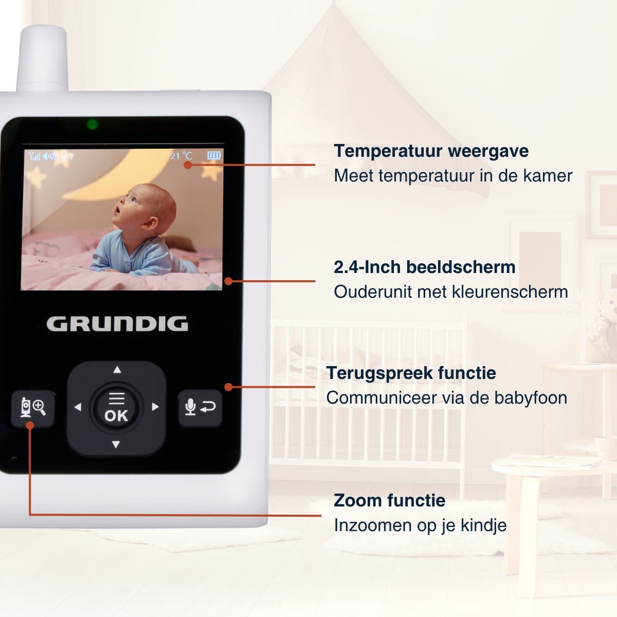 Grundig Video Babyfoon met Camera - Baby Monitor met 2-inch Kleurenscherm - Babyphone met Nachtzicht, Temperatuurweergave en Terugspreekfunctie - Wit thumbnail 7