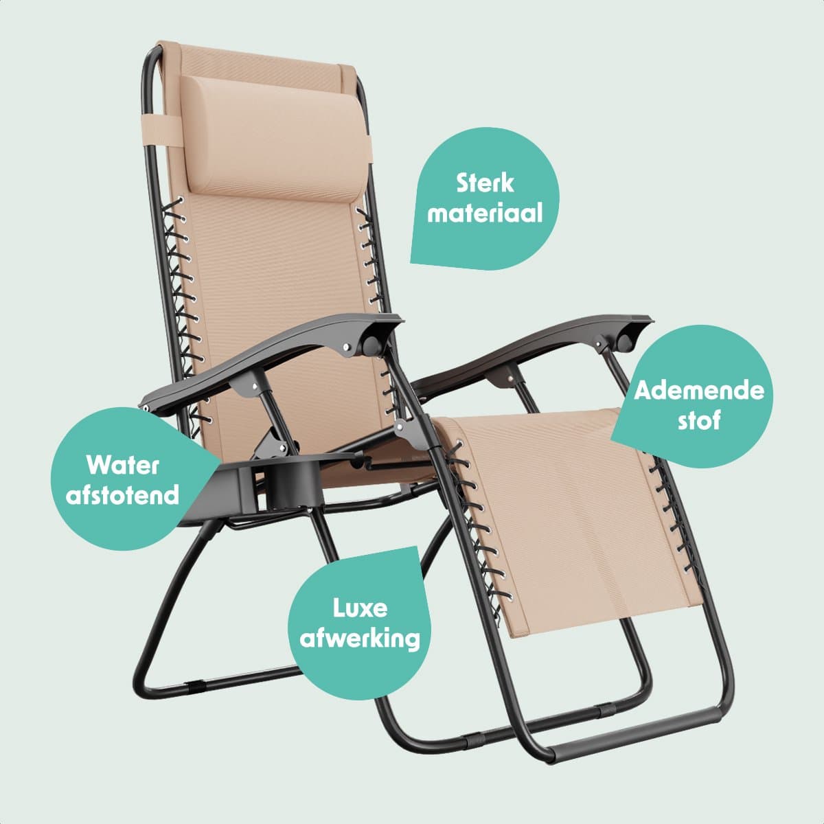 LifeGoods Opvouwbare Tuinstoelen - 2 Stuks - Ligstoel Tuin - 30°-90° Verstelbaar - Metaal - Beige thumbnail 5