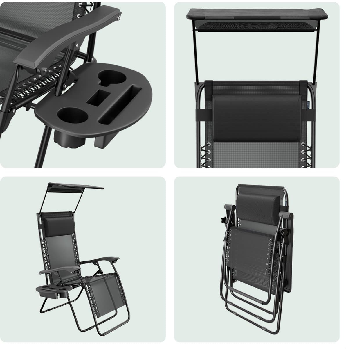 LifeGoods Opvouwbare Tuinstoelen - Verstelbaar Zonnescherm - Ligstoel Tuin - 2 Stuks - 30°-90° Verstelbaar - Metaal - Zwart thumbnail 7