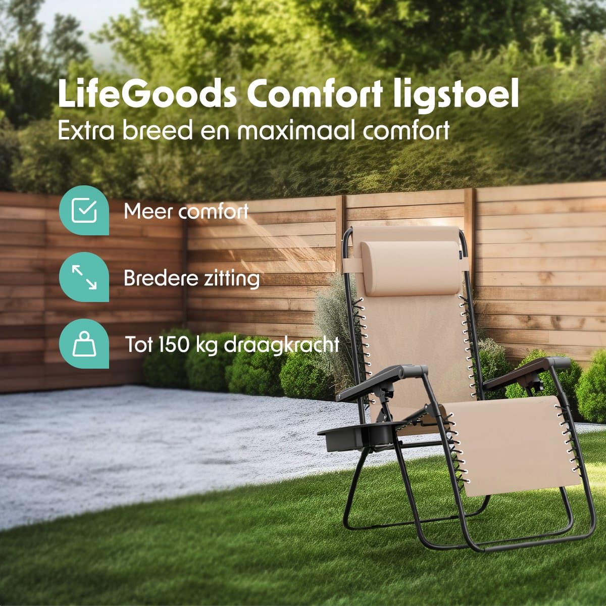 LifeGoods Opvouwbare Tuinstoel - Ligstoel Tuin - 30°-90° Verstelbaar - Metaal - Beige thumbnail 2
