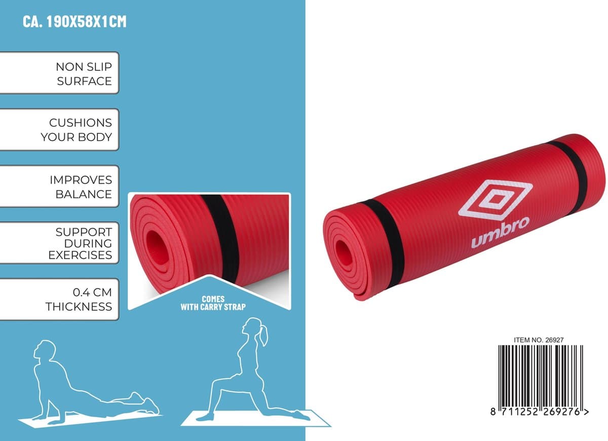 Umbro Yoga Mat - 190 x 58 x 1 CM - met Transport Band - Extra Soft en 1 CM Dik - Anti-Slip Fitness Mat - Rood thumbnail 7
