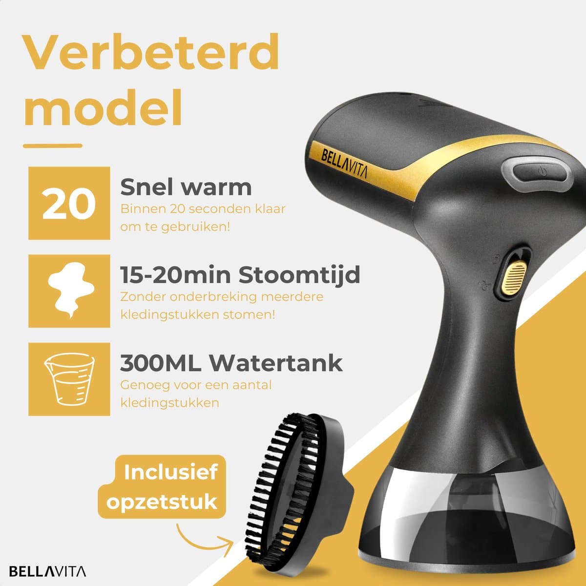 BELLAVITA ® Kledingstomer - Handstomer - Steamer - Kleding Stomer - Stoomapparaat - Zwart - 300ml - Stoomstrijkijzer - Textielstomer - Kleding - Strijken thumbnail 3