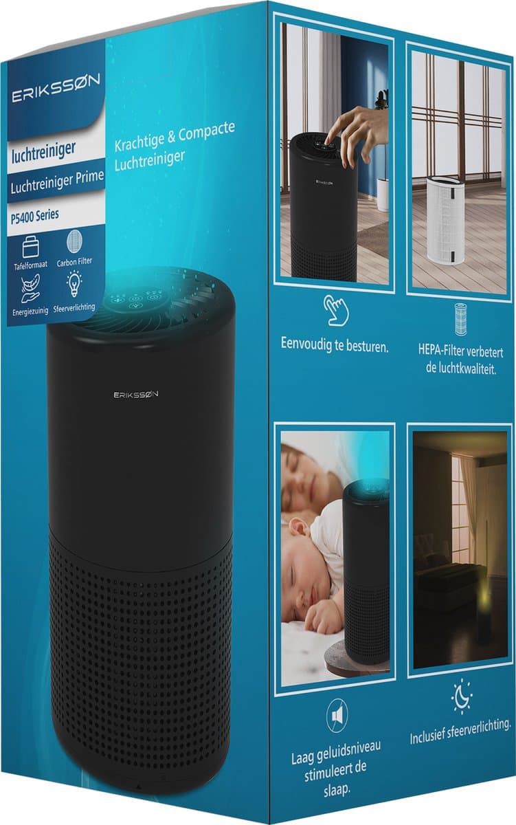 Erikssøn Luchtreiniger Prime - Met Hepa Filter 2x - 70 m3/u - Vermindert Stof En Pollen - Air Purifier - Zwart thumbnail 8
