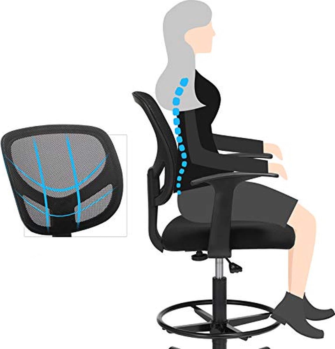 Ergonomische Bureaustoel Met Armleuningen, Hoogte 55-75 Cm, Capaciteit 120 Kg - Songmics - Bureaustoel - Zwart - Kunststof; Polyester thumbnail 6
