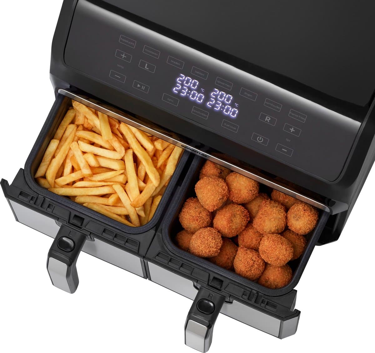 Inventum GF800HLD Dubbele Airfryer XXL - 8L - Dual Cook - Grill- & roosterfunctie - 8 programma's - 80-200 °C - PFAS-vrij - Tot 6 personen - Zwart/RVS - WK thumbnail 3