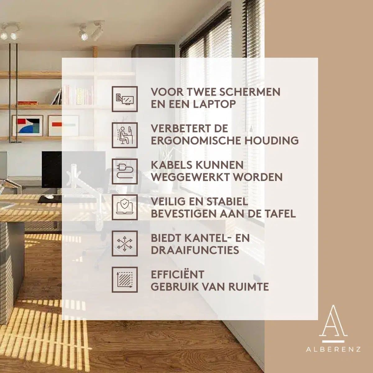 Alberenz® Dubbele Monitor Arm met Laptop Standaard zilver - Monitor beugel voor 2 schermen - Monitorbeugel - Ergonomisch ontwerp - Laptopstandaard thumbnail 3