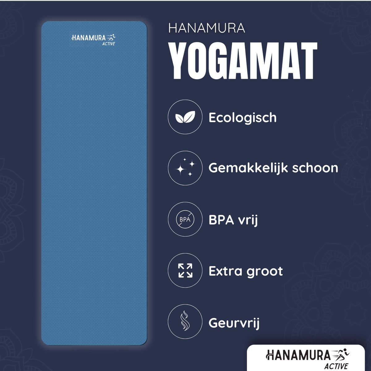 Hanamura Active Yoga Mat - Inclusief draagbare Opbergtas & strap - Fitnessmat van TPE Materiaal - Milieuvriendelijke Fitness Mat - 183x61 - Pilates Mat van 8 mm dik - Blauw thumbnail 4