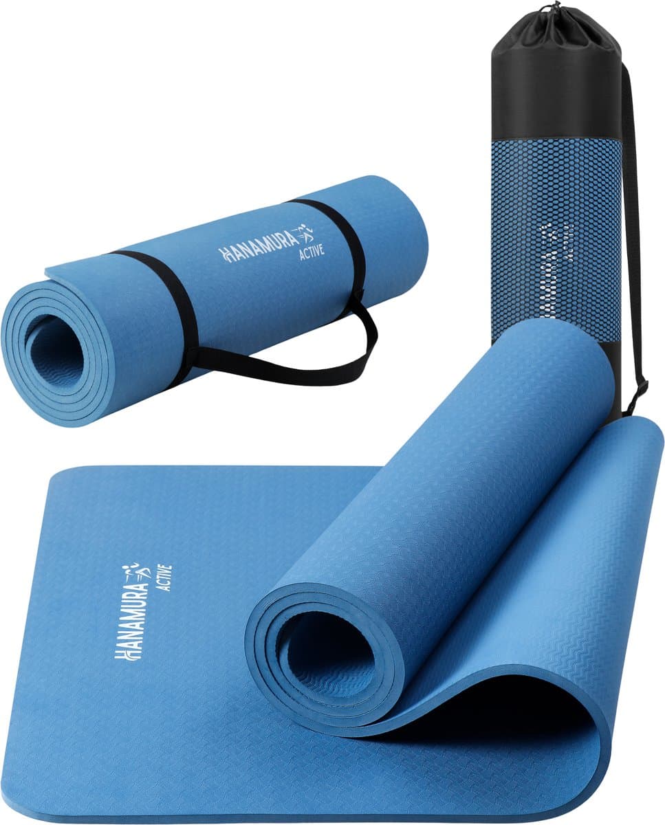 Hanamura Active Yoga Mat - Inclusief draagbare Opbergtas & strap - Fitnessmat van TPE Materiaal - Milieuvriendelijke Fitness Mat - 183x61 - Pilates Mat van 8 mm dik - Blauw