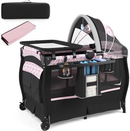 Productfoto van COSTWAY 5-in-1 reisbed met matras, bijzetbed inklapbaar met verstelbare luifel, babybed met aankleedkussen, muziekdoos en draagtas, kinderreisbed tot 15 kg belastbaar (roze bloemen)