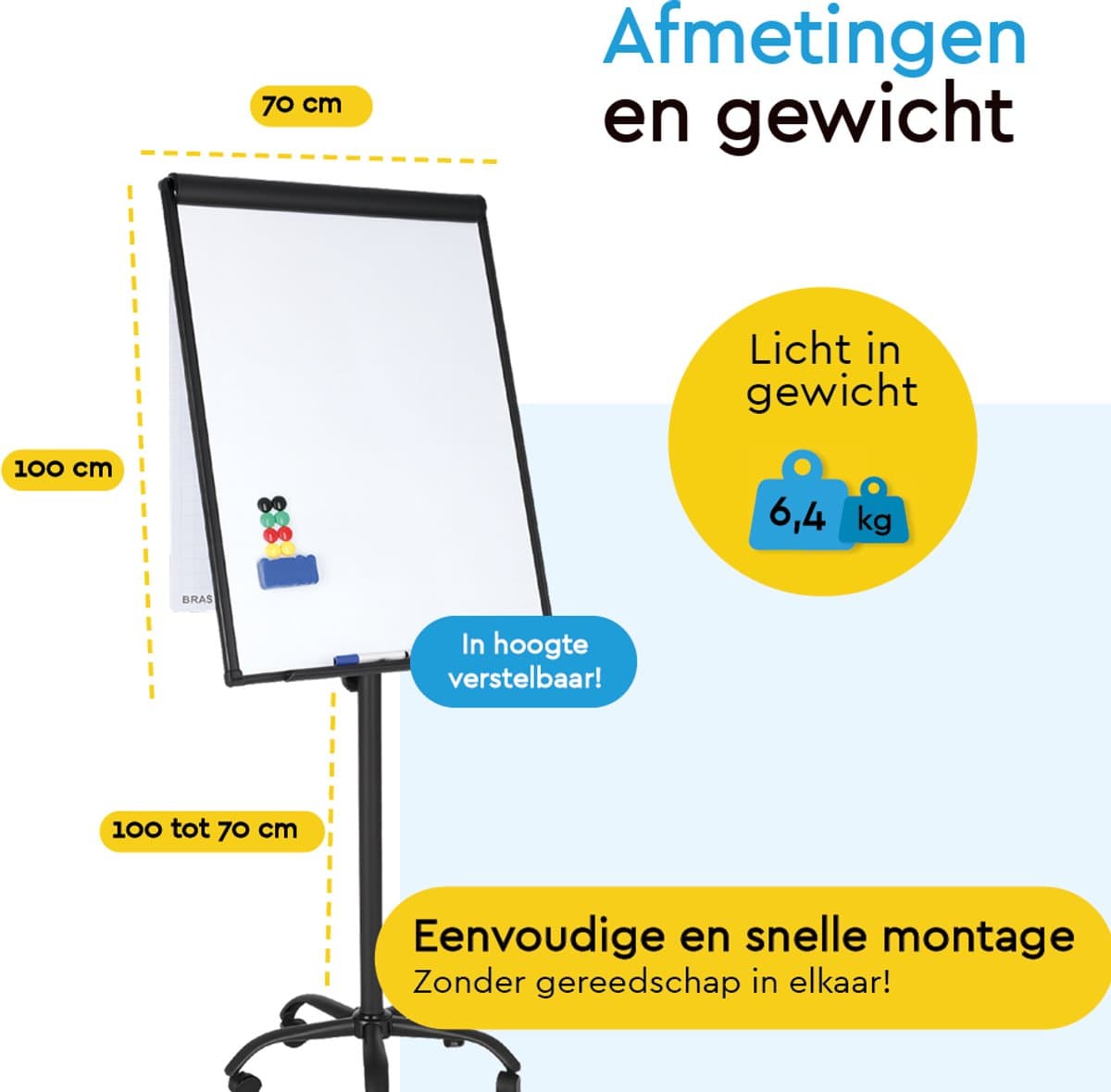 BRASQ Flipover Verrijdbaar - 70x100 cm - Verstelbaar Whiteboard - Inclusief 25 vellen papier, 4 Stiften, 8 Magneten, Wisser - Flipover met Papierklem en Haken - Magnetisch bord - Magneetbord - Zwart thumbnail 5