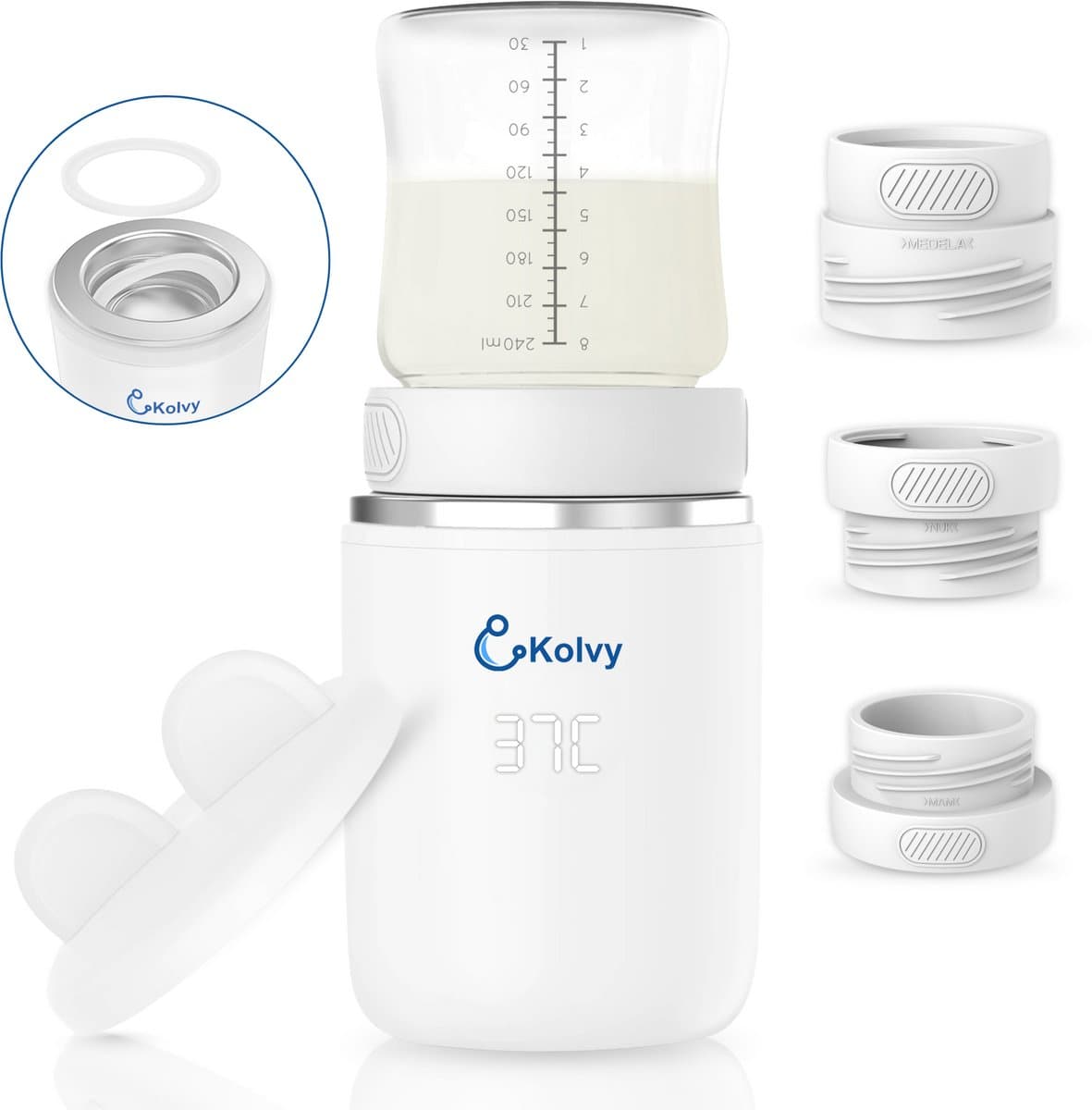 Kolvy® Flessenwarmer Onderweg - Intelligente Flesverwarmer - Bottle Warmer - 4 Temperatuurniveaus - Draadloos - Inclusief 3 Adapters - USB Oplaadbaar