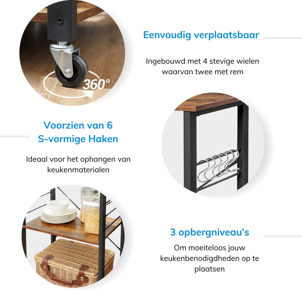 ACAZA keukentrolley met 3 niveaus en 6 haken thumbnail 6
