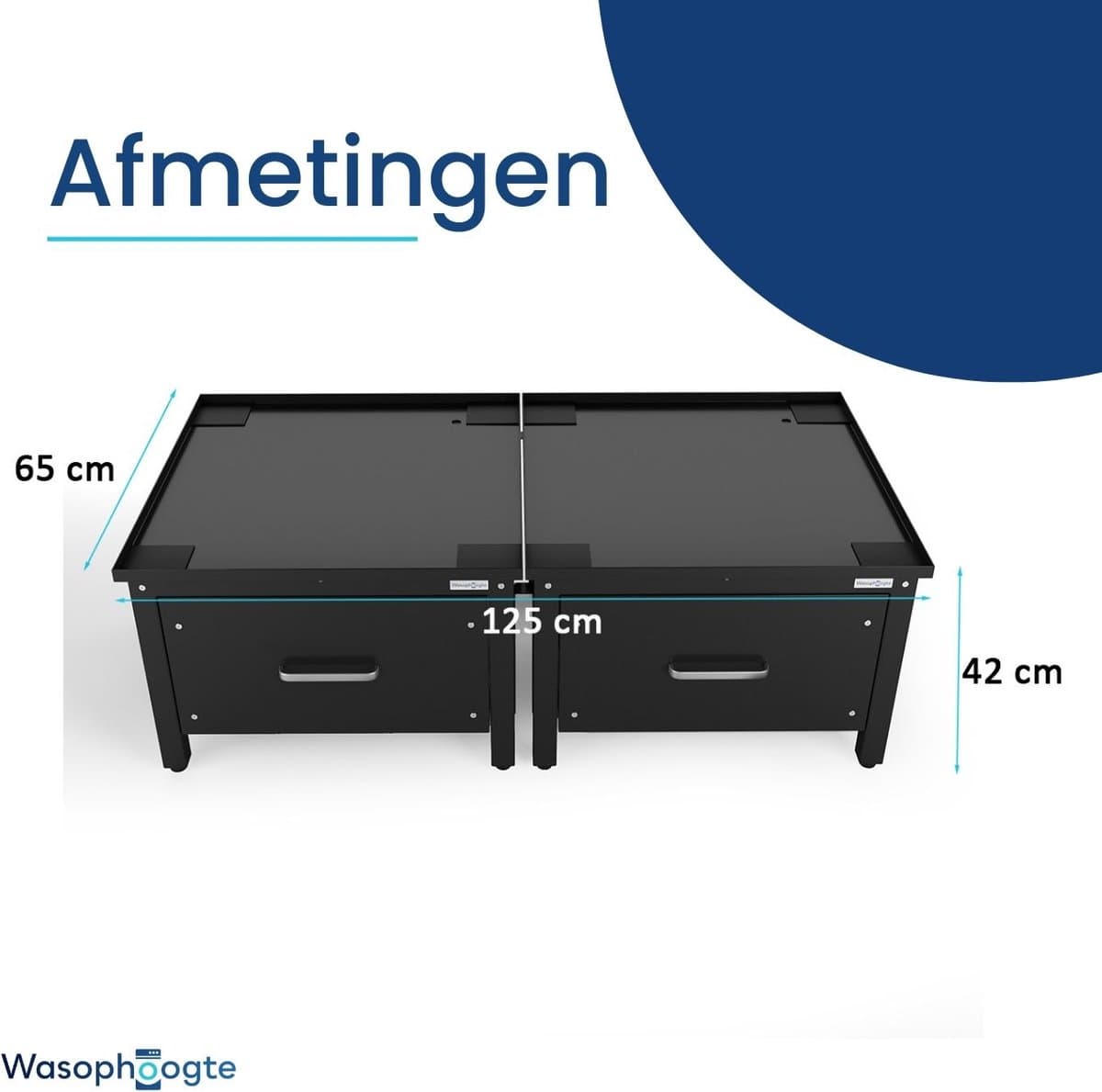 Wasophoogte® Wasmachine verhoger met lade - Wasmachine opbouwmeubel - Wasmachine sokkel - 42cm hoog - Zwart - Universeel - Dubbel - Inclusief Lekbak thumbnail 8