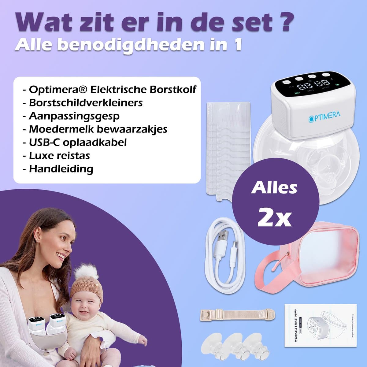 OPTIMERA® - Handsfree Borstkolf - Elektrische Borstkolf - Dubbele Elektrische Borstkolf - Incl. 20 Moedermelk Bewaarzakjes, 4 Verschillende Borstmaten & Reistas thumbnail 4