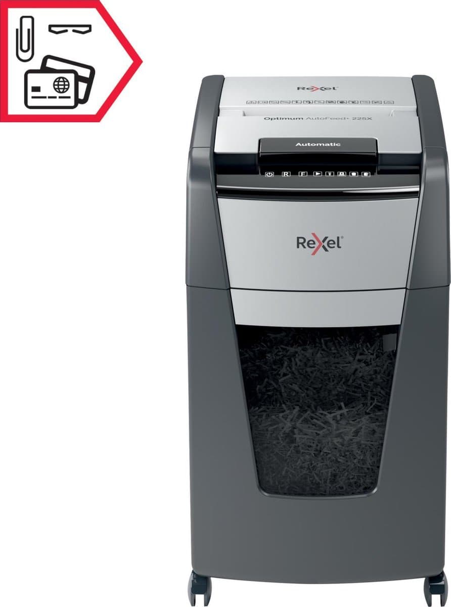 Rexel Optimum AutoFeed+ 225X Fluisterstille Papierversnipperaar - P4 Snippers - Automatische Invoer Tot 225 Vel - 60L - Zwart thumbnail 6