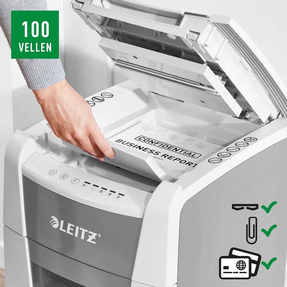 Leitz IQ Autofeed+ Small Office 100 Stille Papierversnipperaar - P4 Snippers - Tot 100 Vel - 34L - Wit thumbnail 5