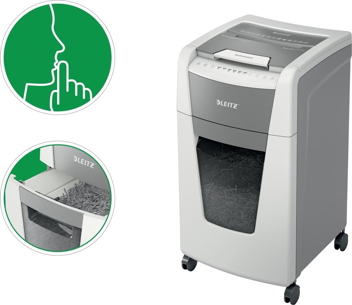 Leitz IQ Autofeed+ Office 300 Stille Papierversnipperaar - P4 Snippers - Tot 300 Vel - 60L - Wit thumbnail 4