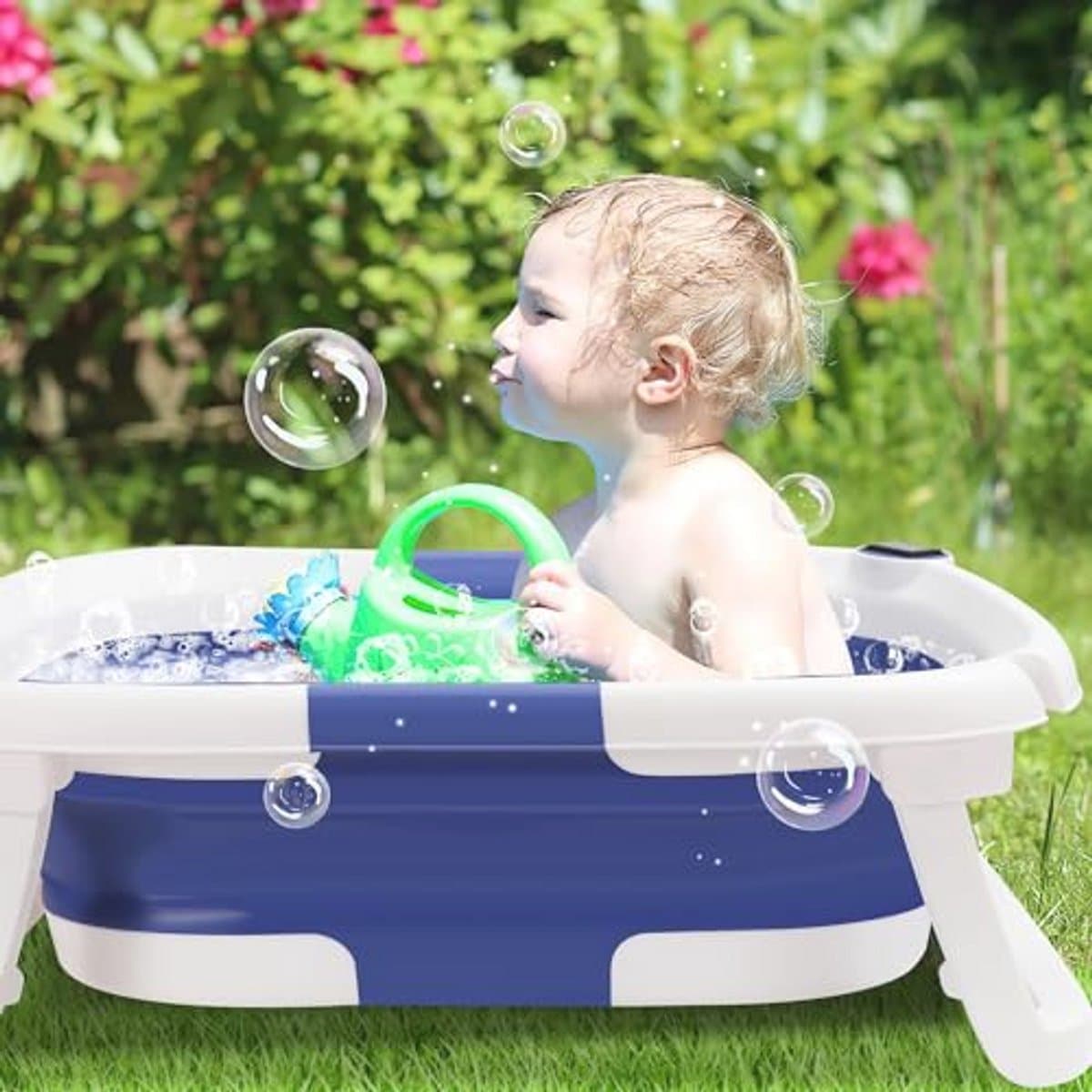 Opvouwbare babybadkuip voor pasgeborenen en peuters met thermometer - Draagbare babybath voor 0-36 maanden in blauw thumbnail 7