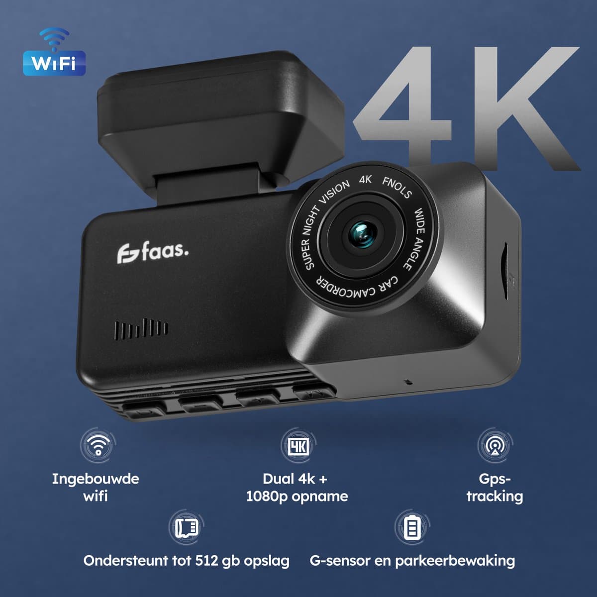 Dashcam - Incl. GPS functie - Voor en achter camera - met 64GB SD - 4K Full HD - Dashcam voor Auto - Zwart - Faas thumbnail 2