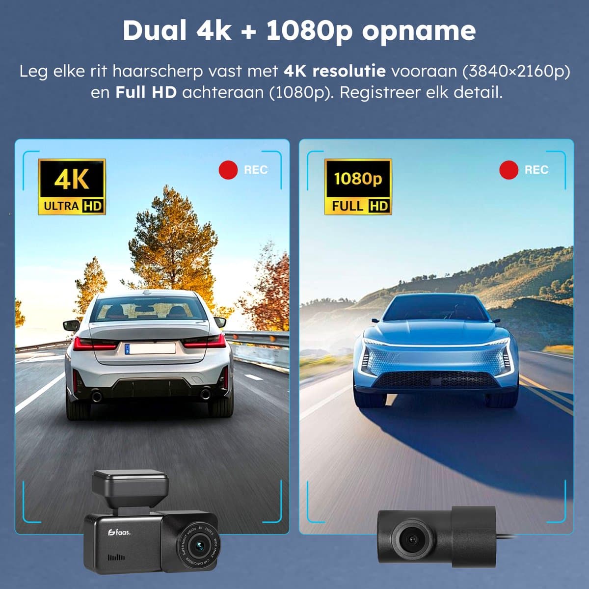 Dashcam - Incl. GPS functie - Voor en achter camera - met 64GB SD - 4K Full HD - Dashcam voor Auto - Zwart - Faas thumbnail 4