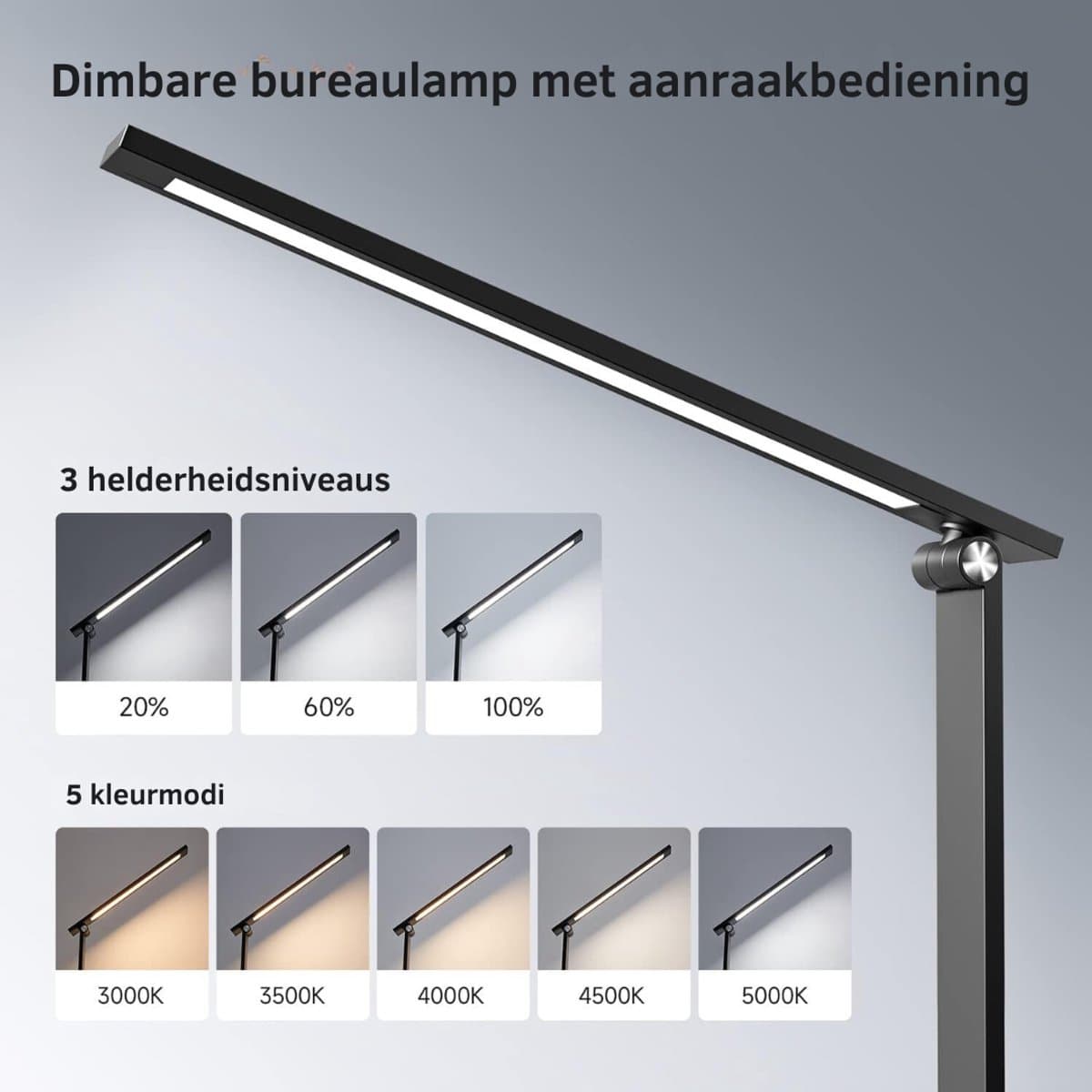 VIN® Bureaulamp led dimbaar daglicht - USB - 15 kleurenfuncties - Daglichtlamp - Touchscreen - Lichttherapielamp - Hobby lamp voor schilderen, puzzelen – UV-Vrij - Tafellamp/lamp staand - Zwart thumbnail 6