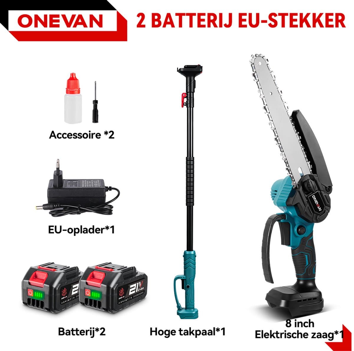 ONEVAN Accu Telescopische Kettingzaag - 8 Inch Elektrische Kettingzagen - Borstelloze Motor - Met 2 Accus - Telescopisch Snoeien Bundel - voor boomtakken, houtzagen thumbnail 4