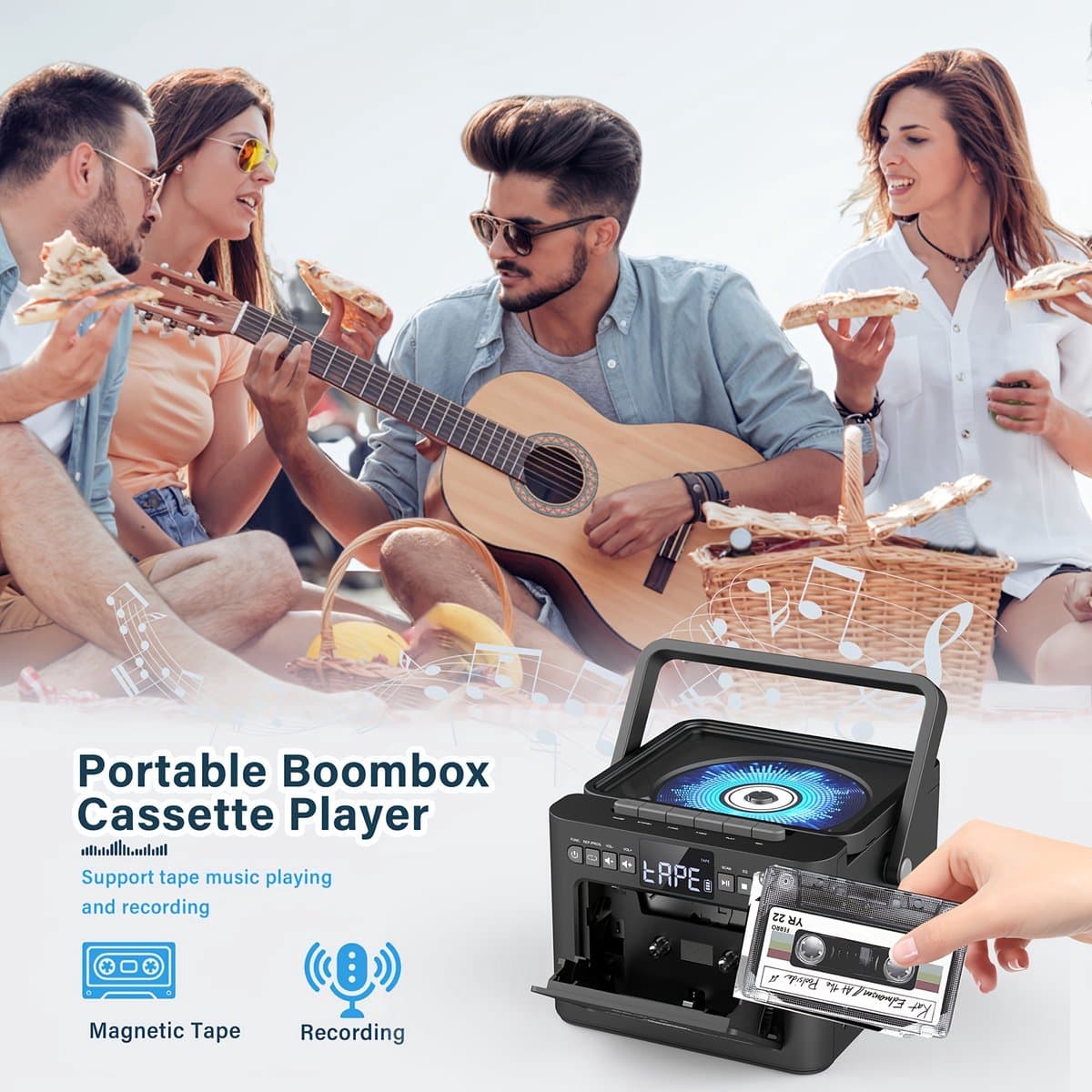 Draagbare CD-Cassette Speler - Retro Stijl - Boombox met 5000mAh Accu - Dubbele Stereo Luidsprekers - FM Radio - Met Afstandsbediening - USB/TF Kaart/AUX - Cassette Recorder - Voor Thuis, Reizen, Buiten, Huisentertainment thumbnail 5