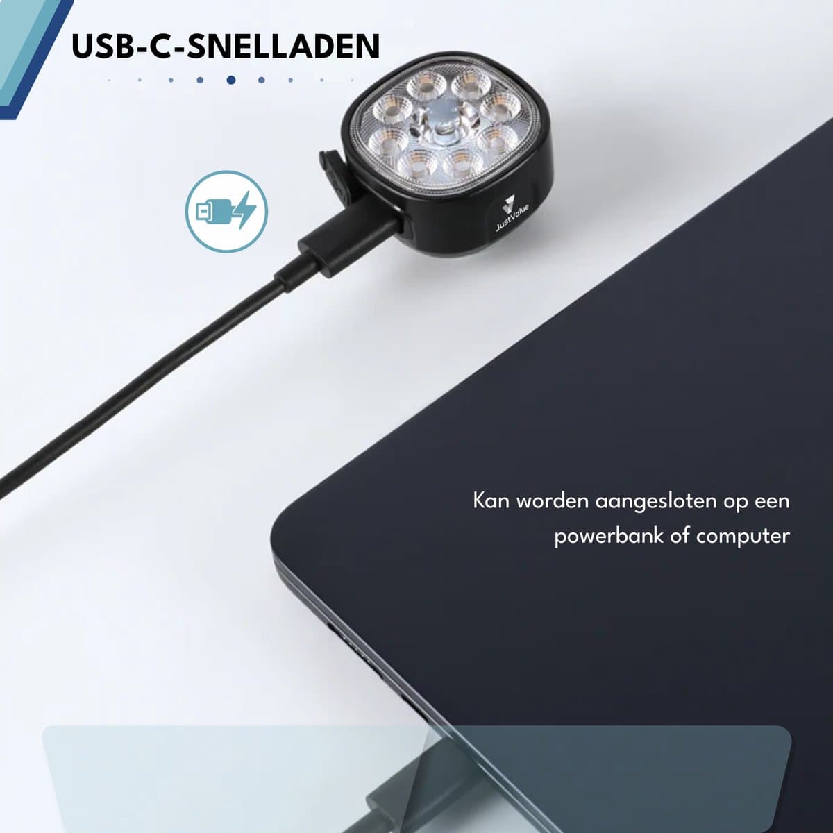 JustValue Fietsverlichting - USB oplaadbaar - Voorlicht & Achterlicht - 8+7 Lichtstanden - IP65 Waterdicht - Led Fietslamp - Valbestendig - Koplamp fiets - Zwart thumbnail 7