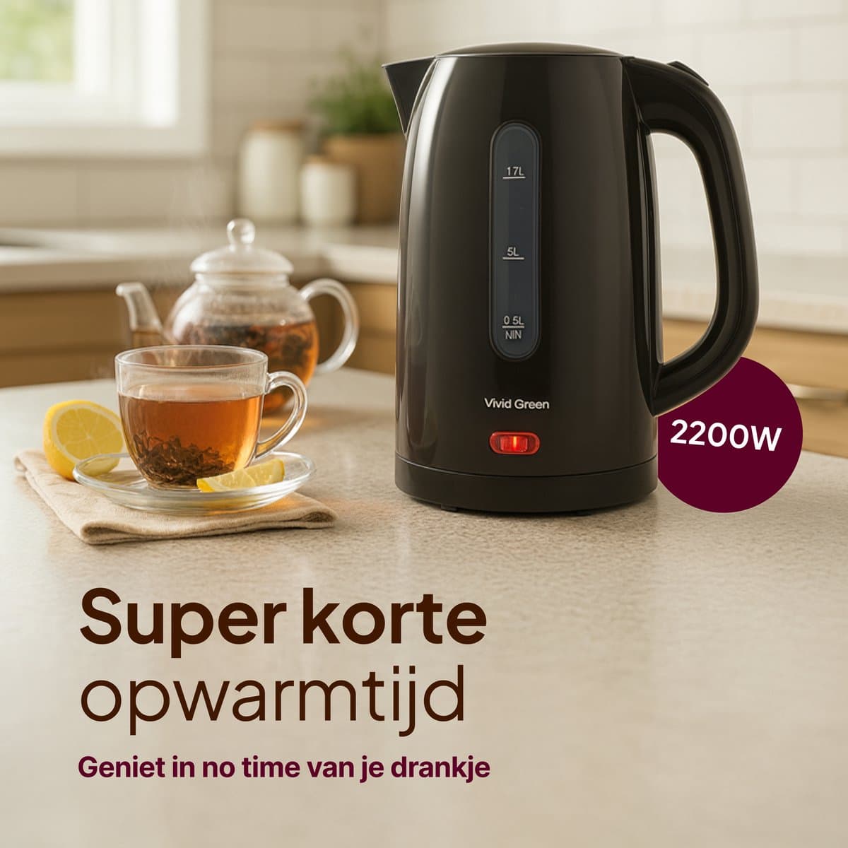 Vivid Green 2200W Waterkoker - 1.7L – BPA-vrij - Kalkfilter - Zwart thumbnail 2