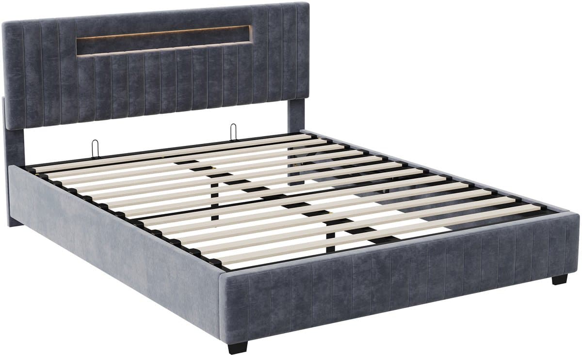 Opbergbed 160x200 cm Grijs Fluweel – Tweepersoons met LED Hoofdbord en Opbergvak thumbnail 2