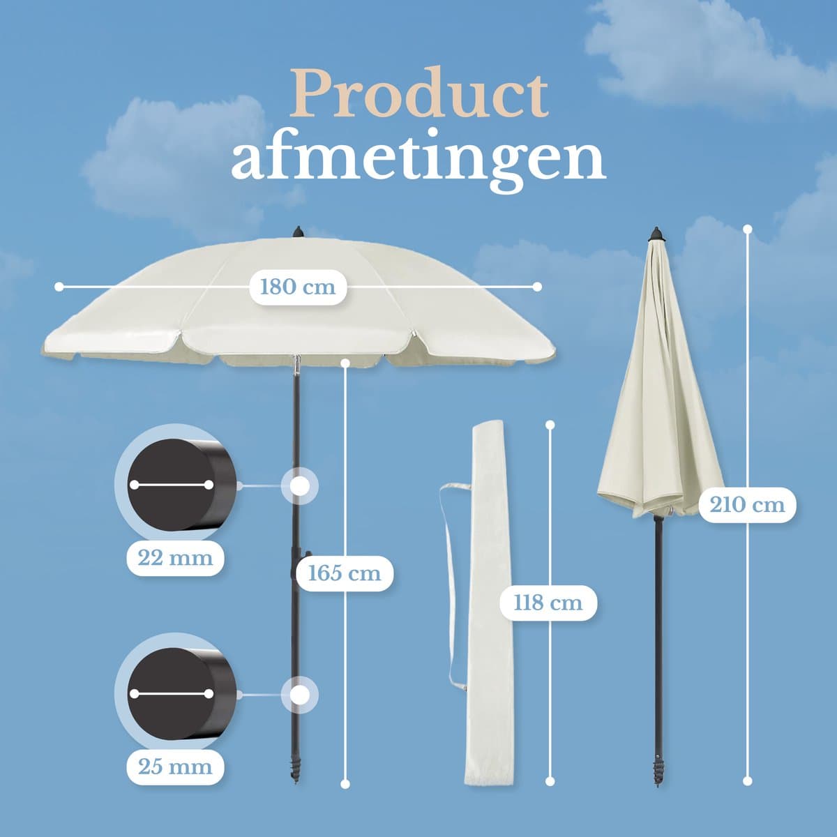 O’DADDY® Parasol Set – Kantelbaar & Verstelbaar – Waterdicht – UV-Bestendig – Met Grondboor & Draagtas – Strand, Tuin & Balkon – 180 cm – Beige thumbnail 2