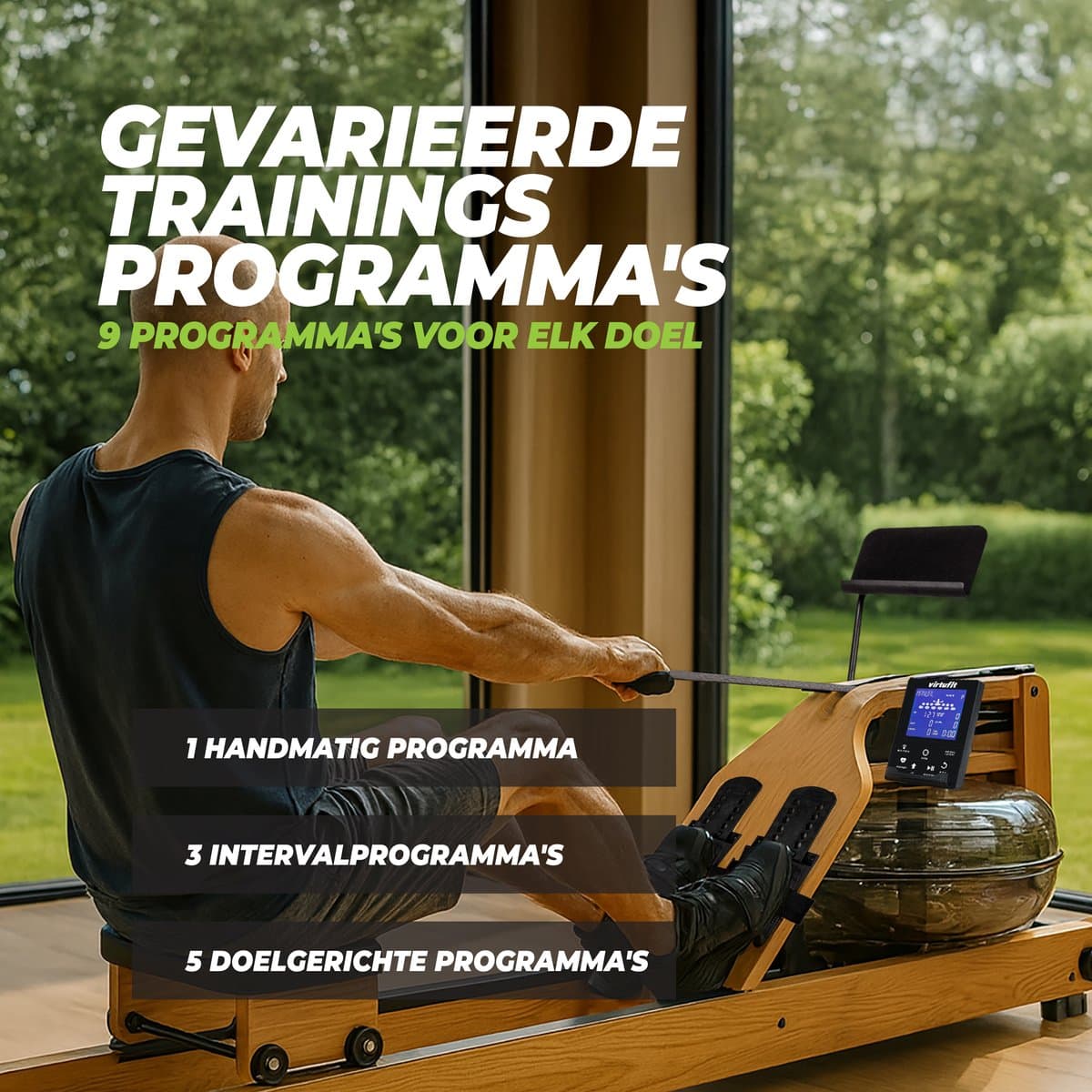 VirtuFit Elite Roeimachine met Waterweerstand - Eikenhout - Ruimtebesparend - Bluetooth - Kinomap & EXR Compatibel - Roeitrainer - Roeiapparaat thumbnail 6