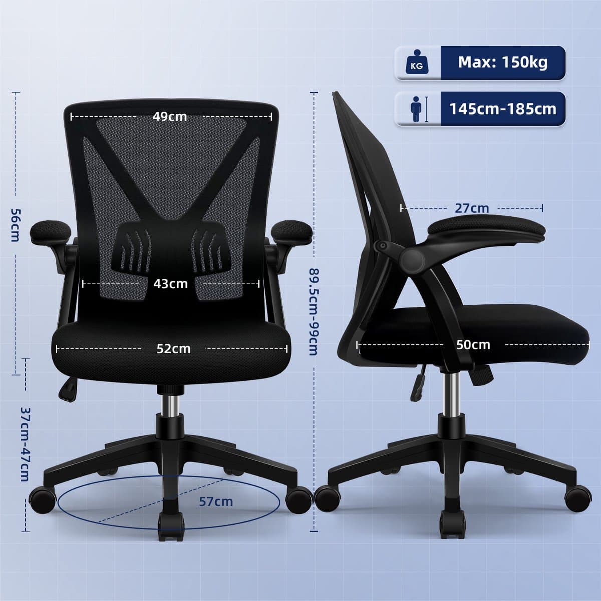 Elekiatech Ergonomische Bureaustoel - Bureaustoel - Bureaustoelen voor Volwassenen - opklapbare armleuningen-150 Kg - Zwart thumbnail 3