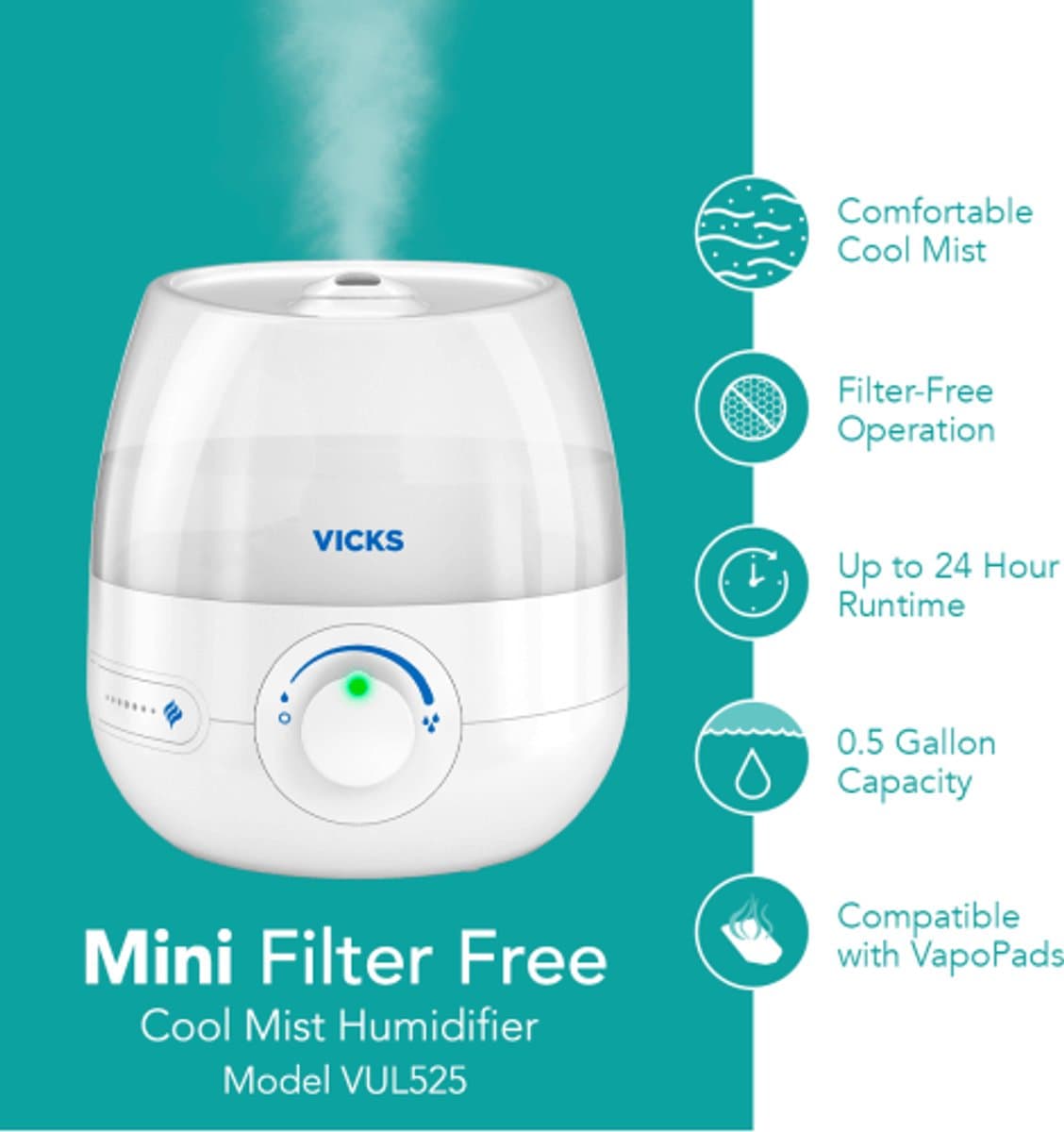 Vicks Mini Cool Mist Luchtbevochtiger – Ultrasoon – 1,8 L Reservoir – Voor ruimtes tot 15 m² thumbnail 5
