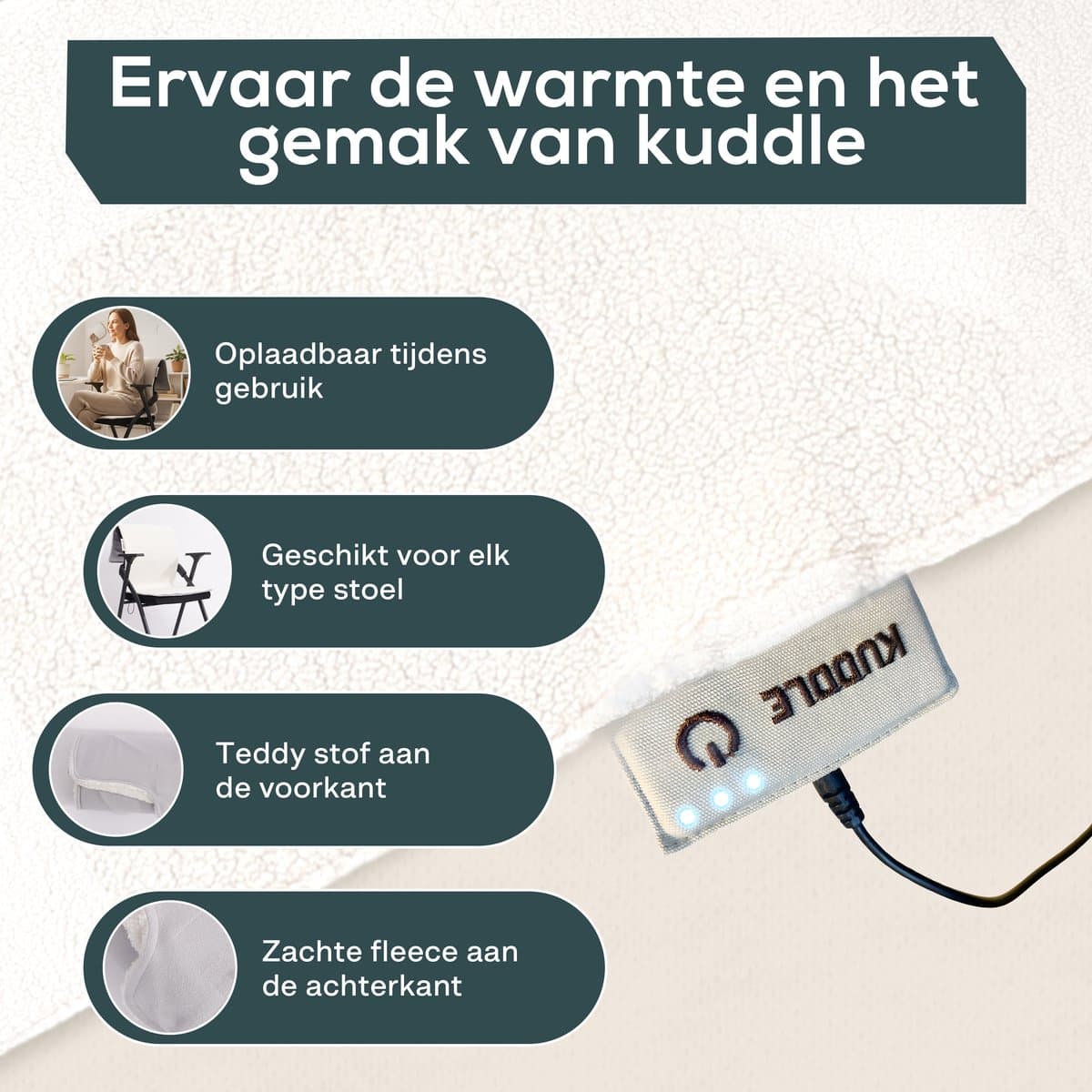 Kuddle Elektrische Deken Draadloos - Warmtedeken Infrarood & Oplaadbaar - Teddy 'Off White' 135x45cm - Inclusief Batterij - Camping - Kamperen thumbnail 5