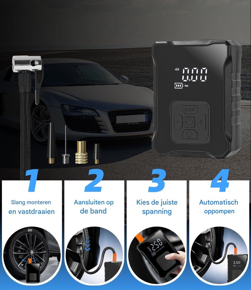 Elektrische Luchtpomp 150 PSI - Draadloze Autopomp met LED Display - 3600 mAh Accu - Voor Auto, Fiets, Motor, Ballen en Opblaasbaar Speelgoed - SOS Licht en Powerbank Functie thumbnail 6